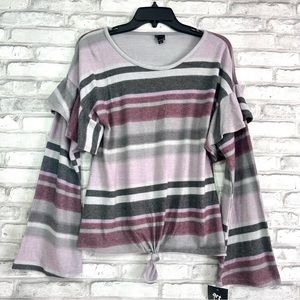 Art Class Girls Gray Purple Striped Long Ruffle Bell Sleeves Top - NWT